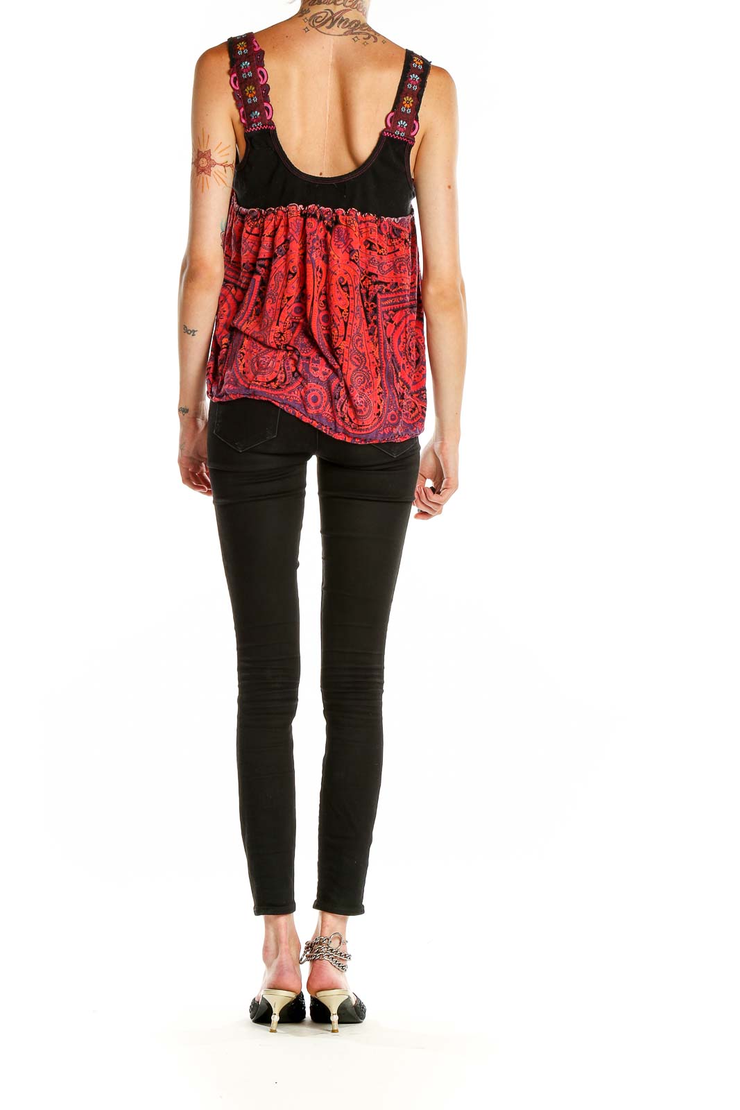 Back view of Free People red paisley tank top showing low scoop design