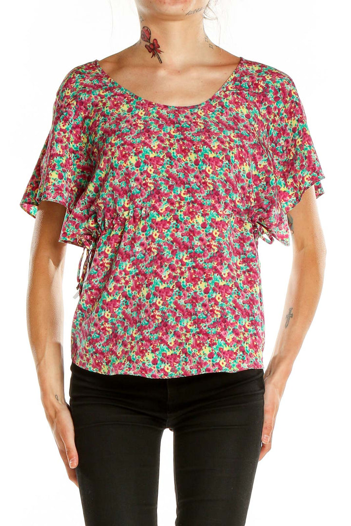 Front view of 5|48 multicolor floral top with flutter sleeves