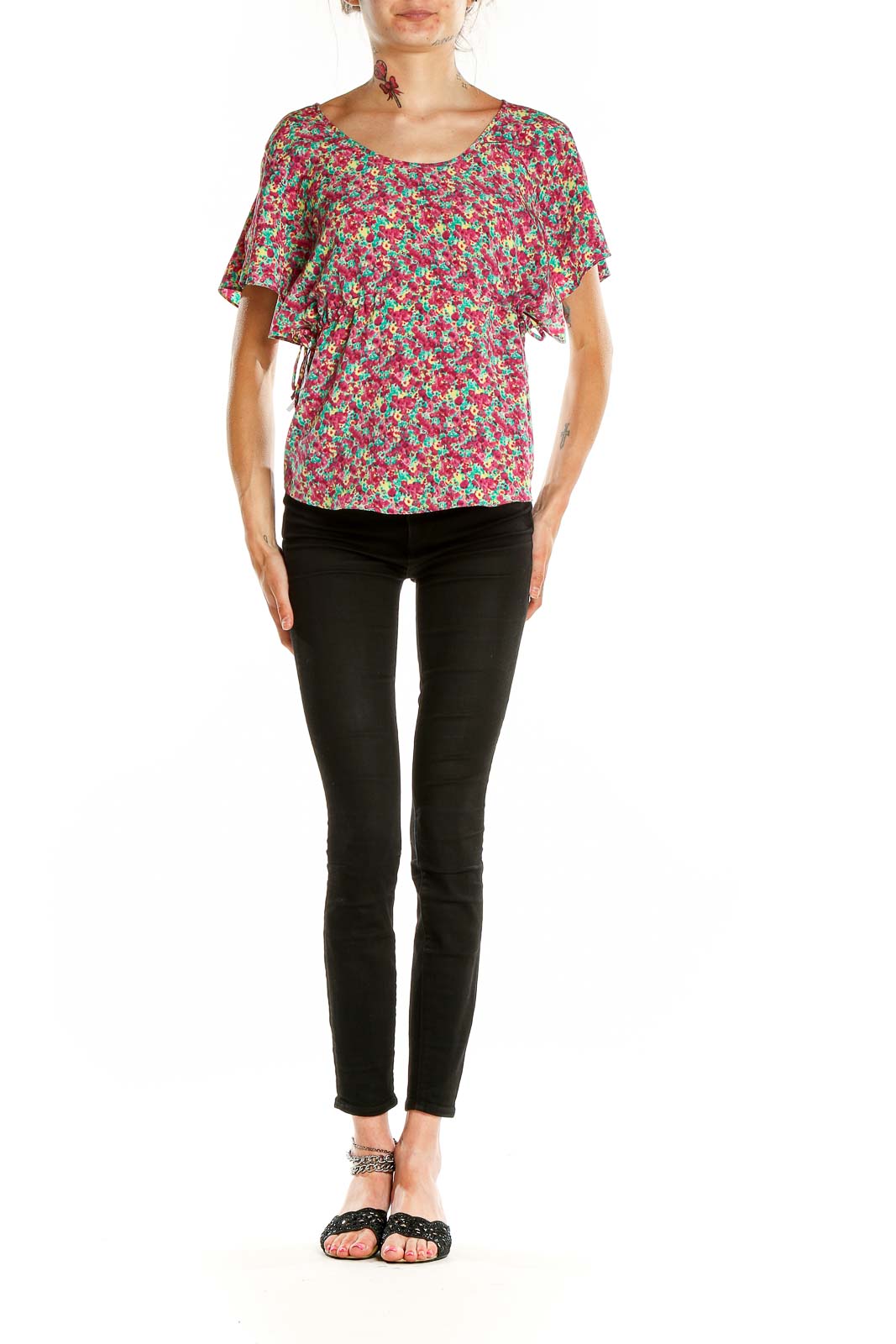 Front view of 5|48 multicolor floral top with flutter sleeves