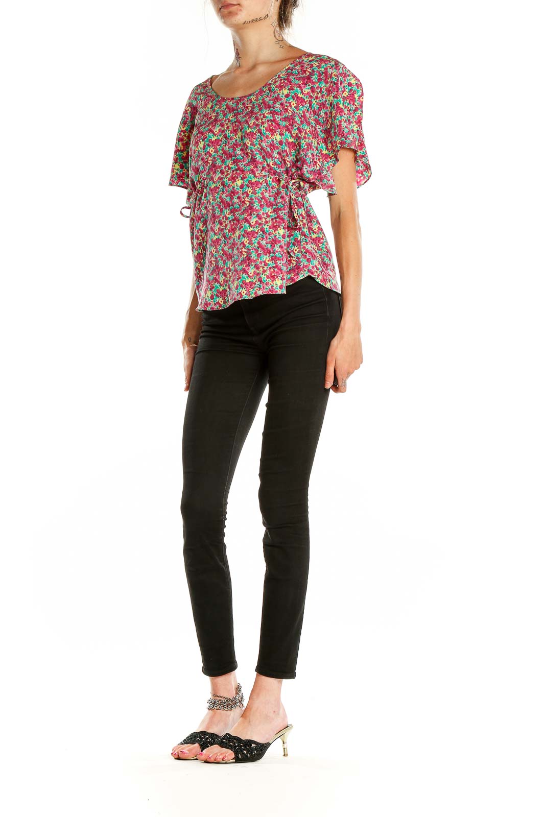 Front view of 5|48 multicolor floral top with flutter sleeves