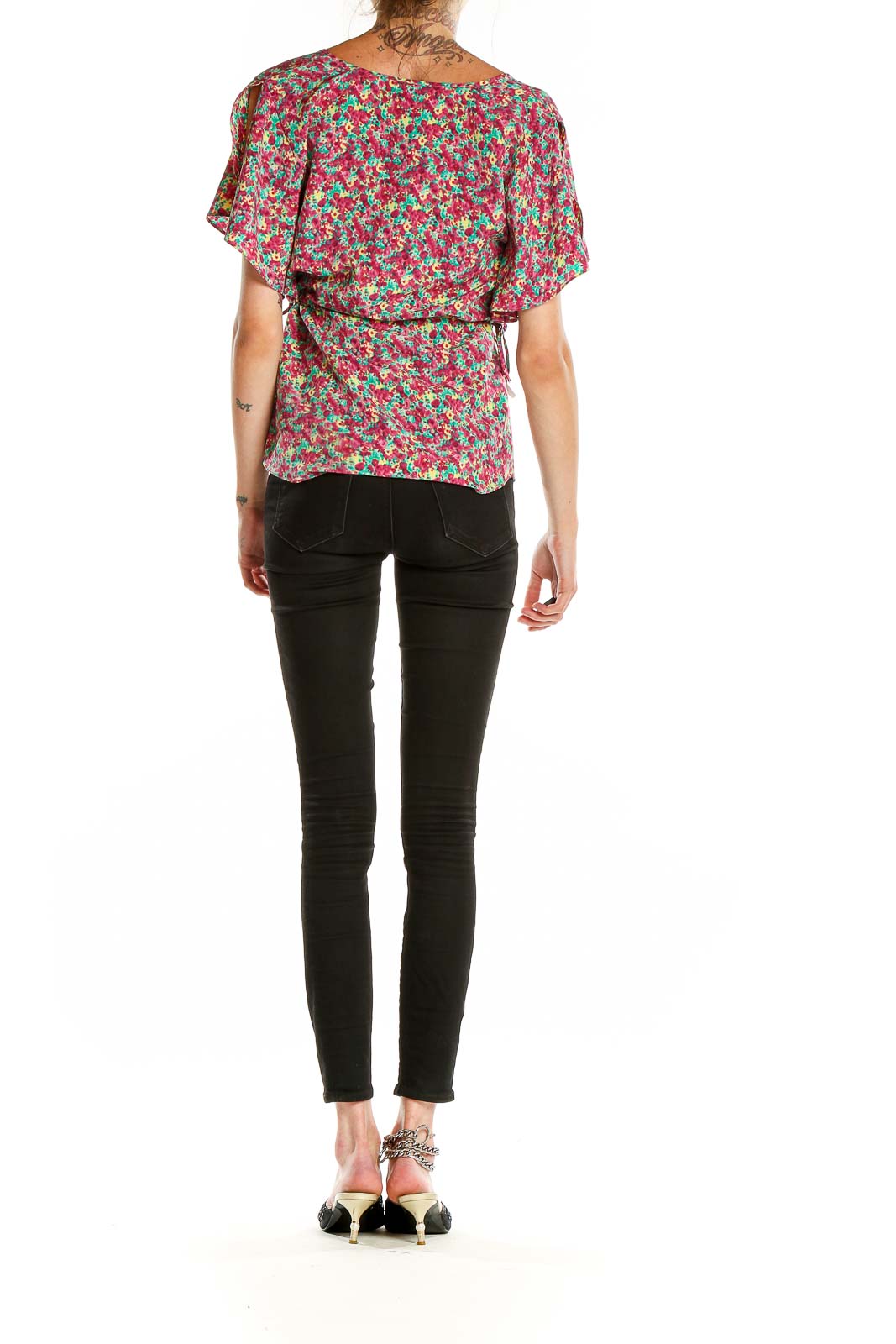 Back view of 5|48 multicolor floral top showing all-over floral print