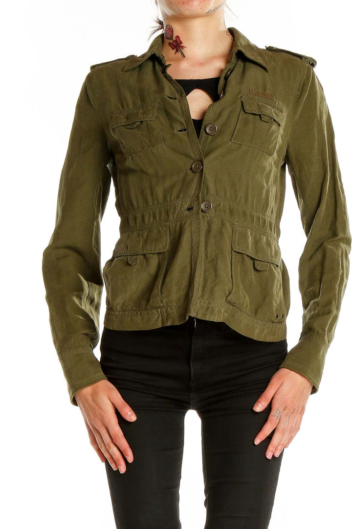 Front view of J.Crew olive military-inspired jacket with button closure and multiple pockets