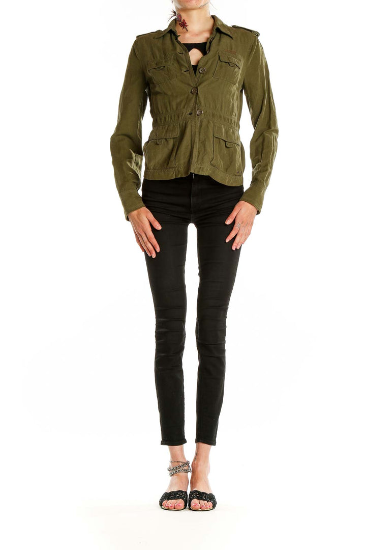 Front view of J.Crew olive military-inspired jacket with button closure and multiple pockets