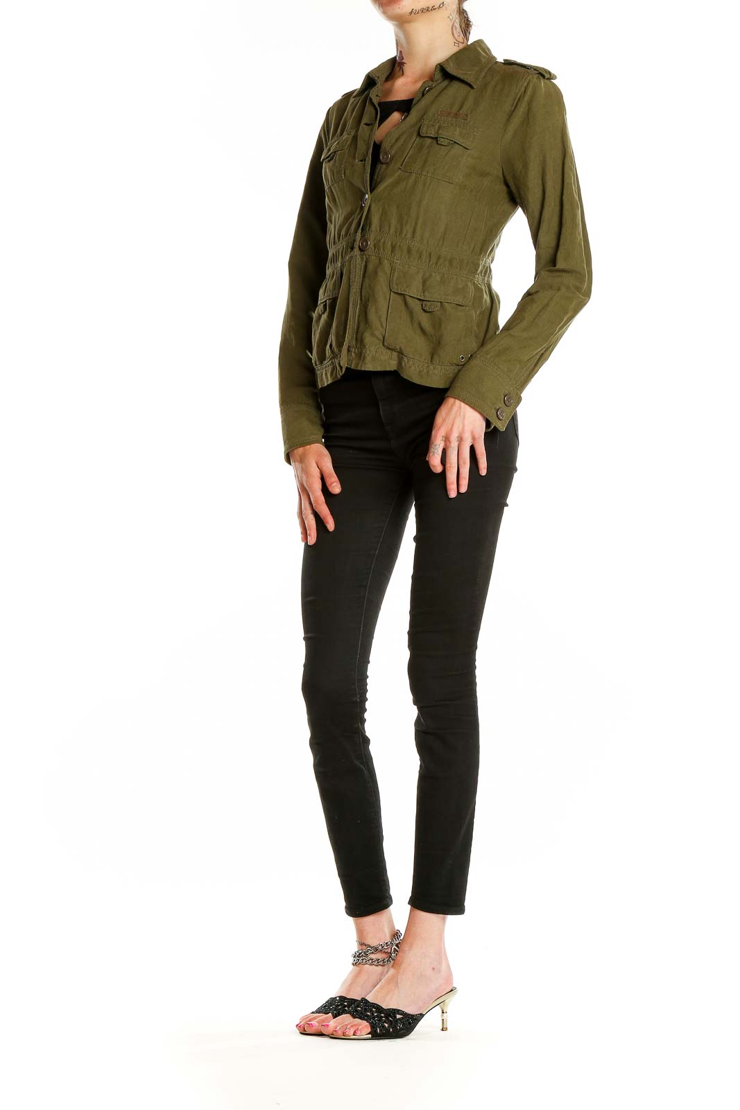 Front view of J.Crew olive military-inspired jacket with button closure and multiple pockets