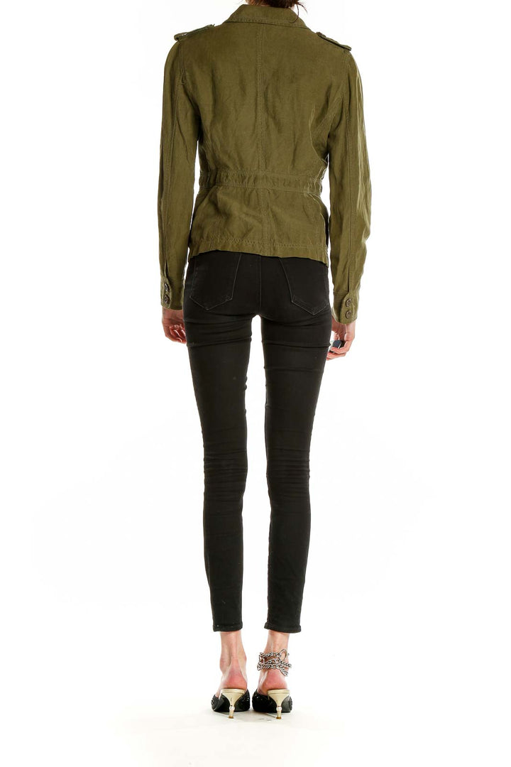 Back view of J.Crew olive military-inspired jacket showing fitted silhouette