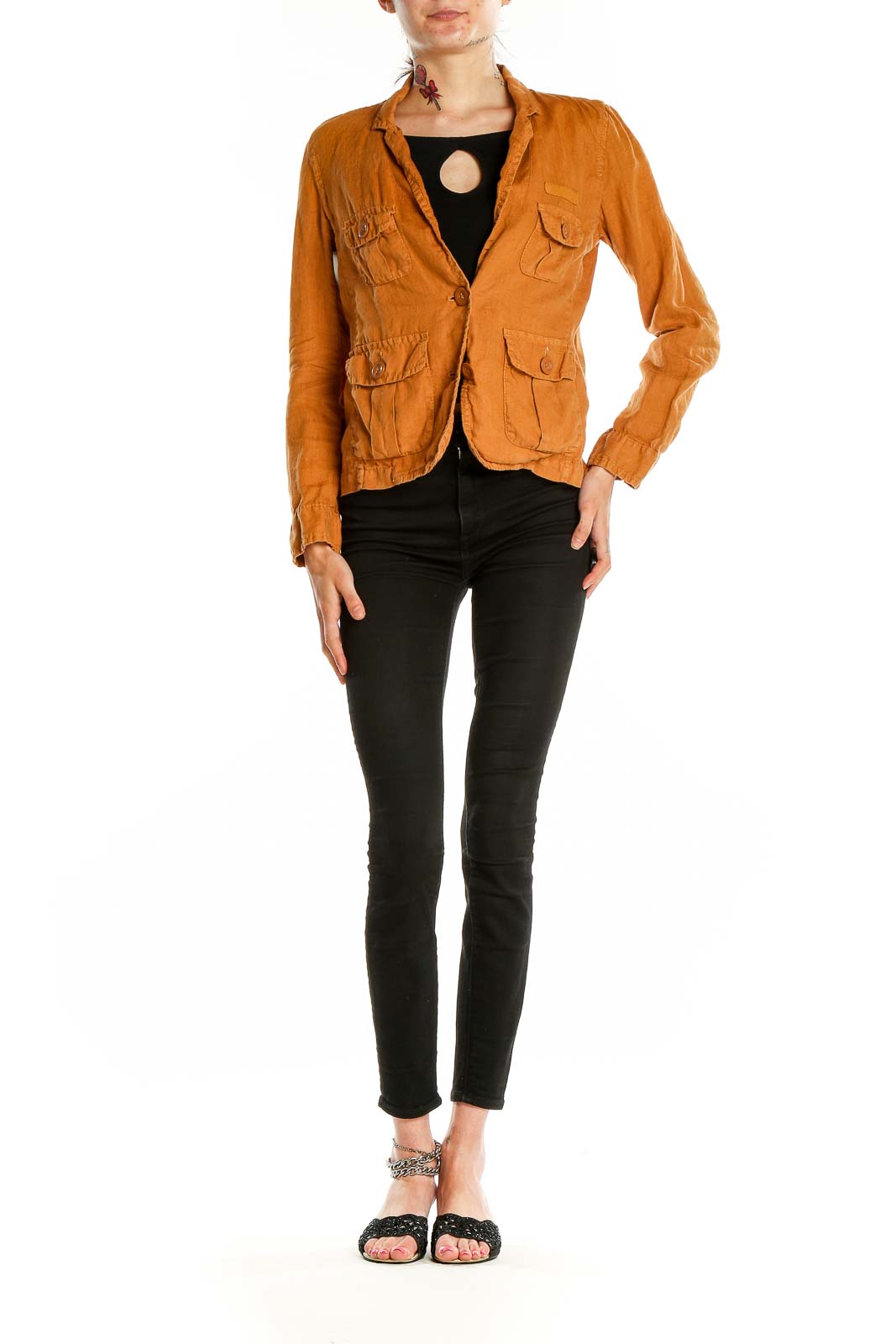 Front view of J.Crew orange linen utility jacket with four pockets