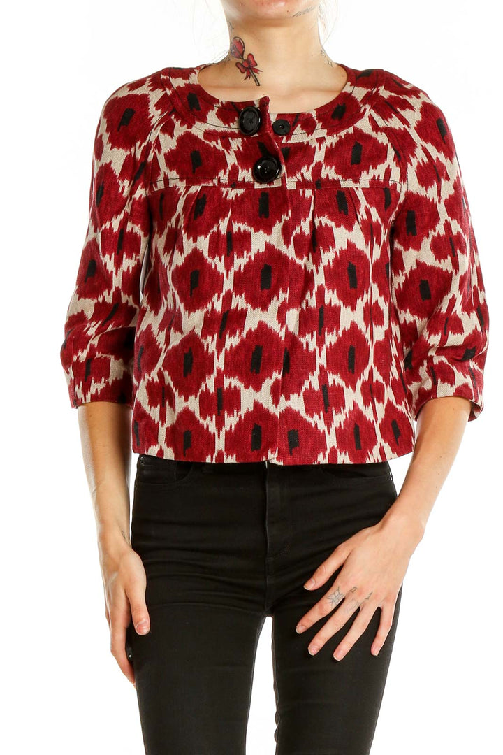 Front view of MICHAEL Michael Kors red ikat print cropped jacket