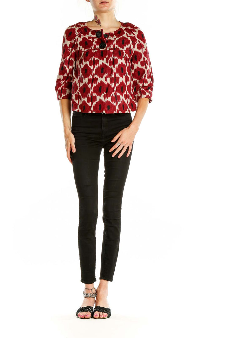 Front view of MICHAEL Michael Kors red ikat print cropped jacket