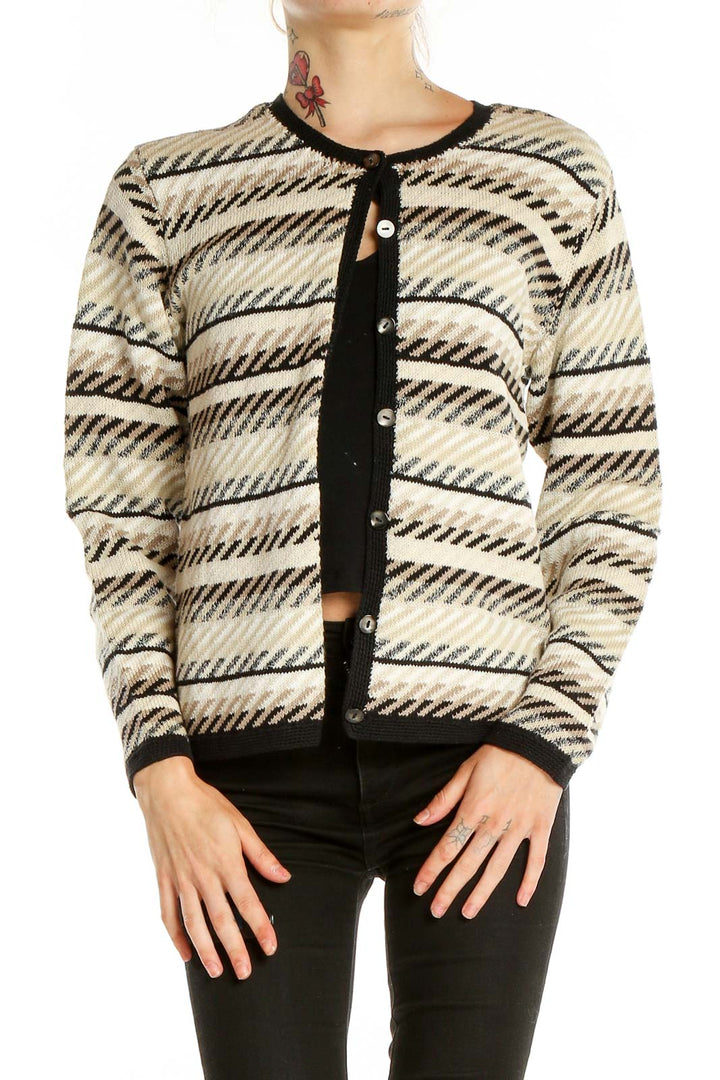 Front view of Talbots beige striped button-up cardigan