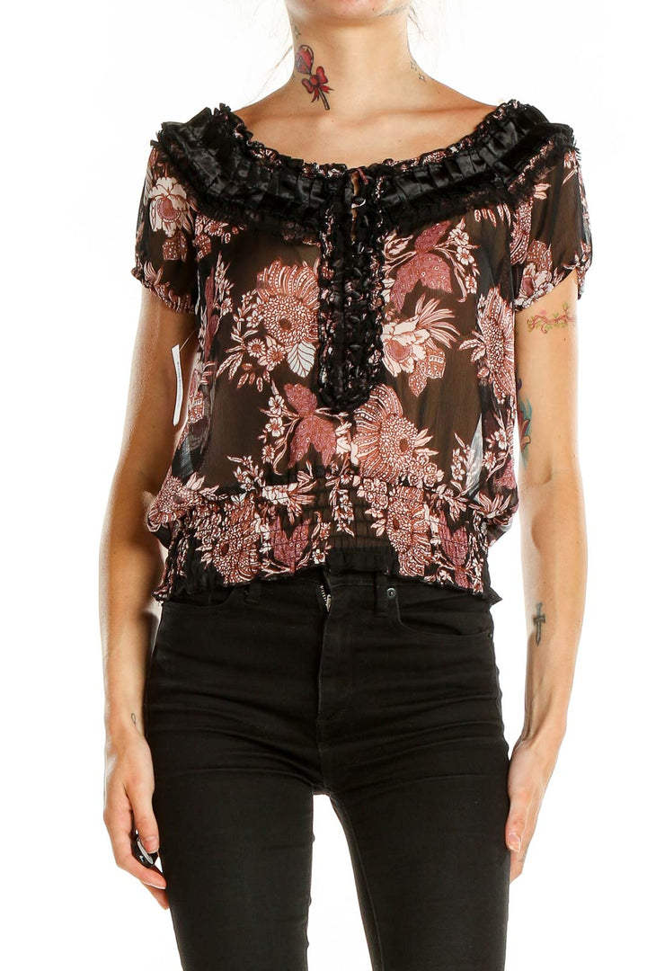 Brown Floral Print Ruffle Blouse