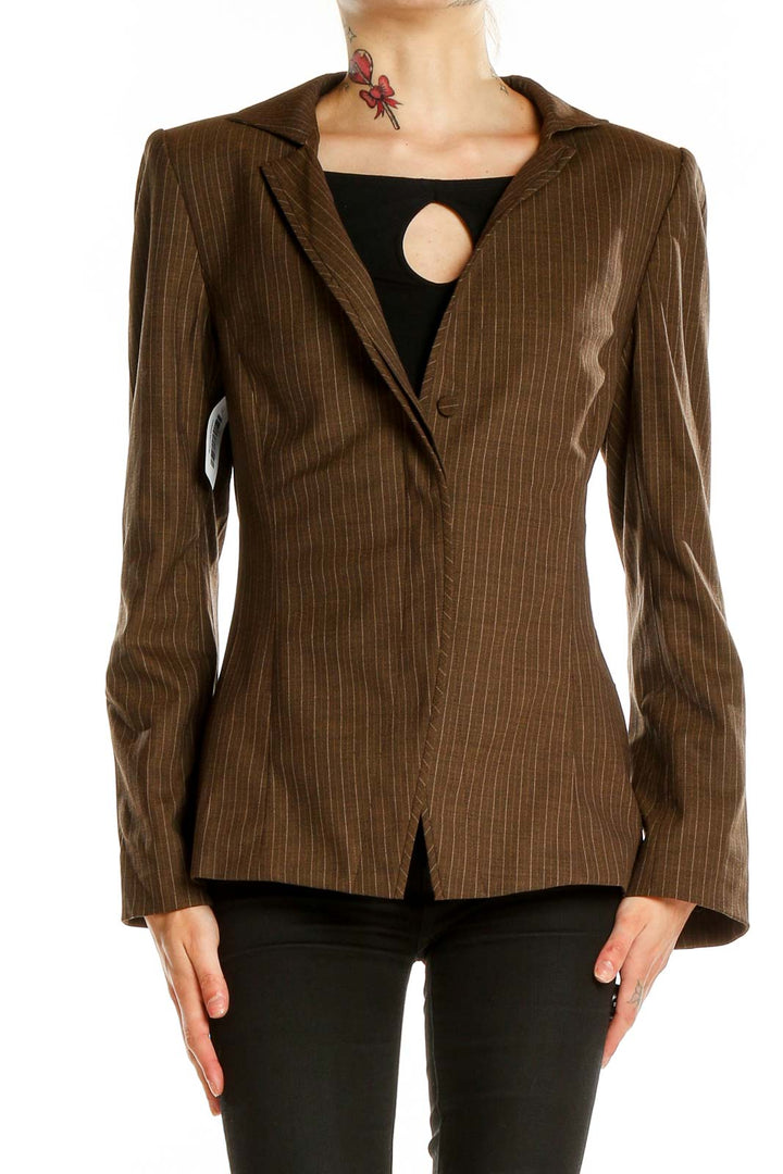 Front view of Linda Allard Ellen Tracy brown pinstriped blazer