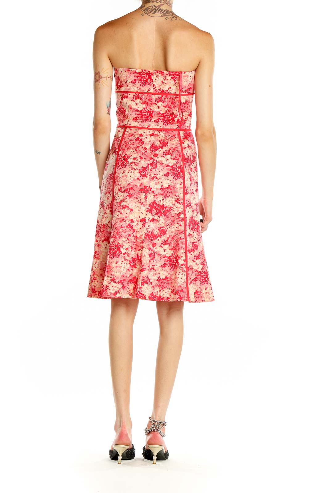 Back view of Ann Taylor pink floral strapless cocktail dress showing A-line silhouette