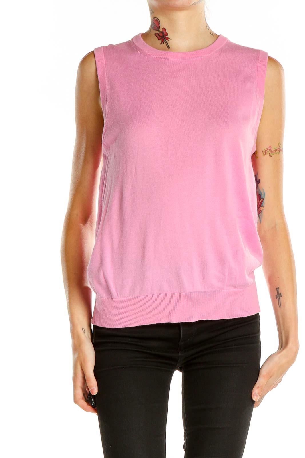 Front view of J.Crew pink sleeveless knit top on model