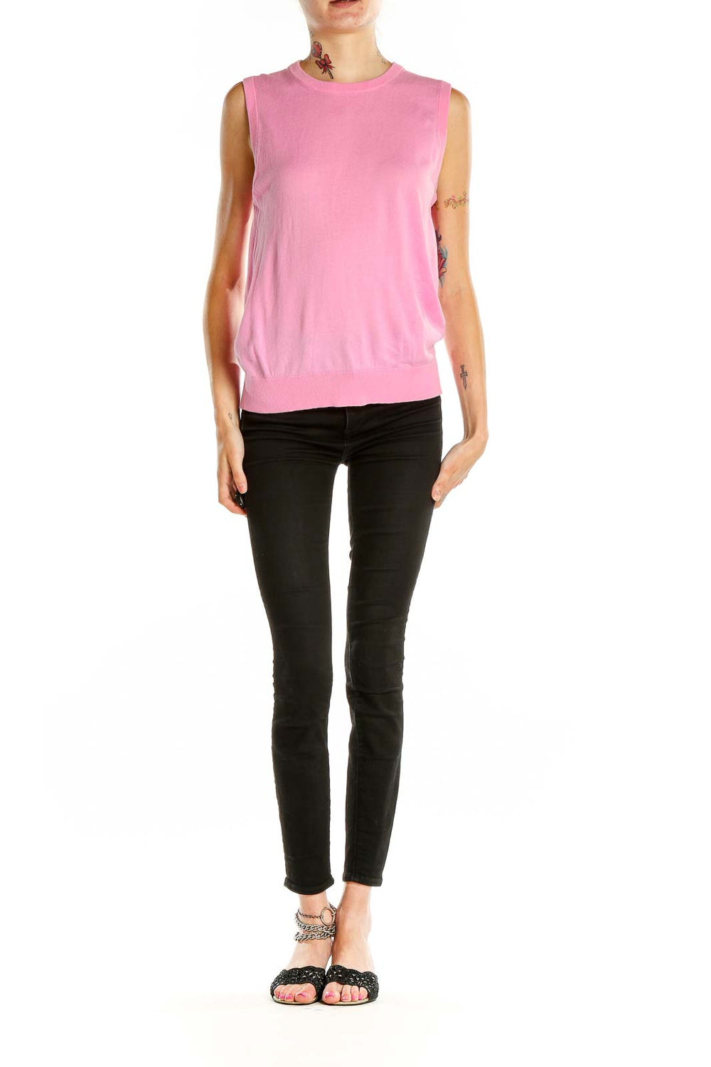 Front view of J.Crew pink sleeveless knit top on model