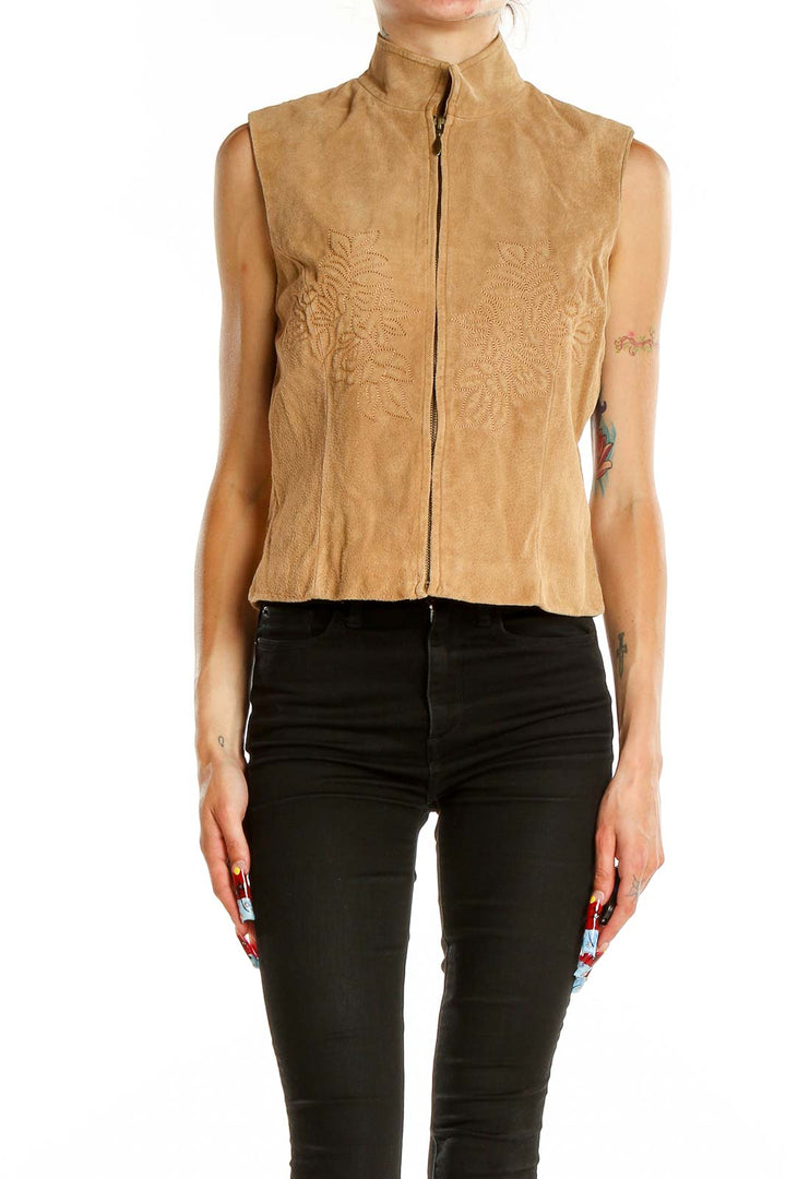 Front view of tan embroidered suede zip-up vest from Coldwater Creek