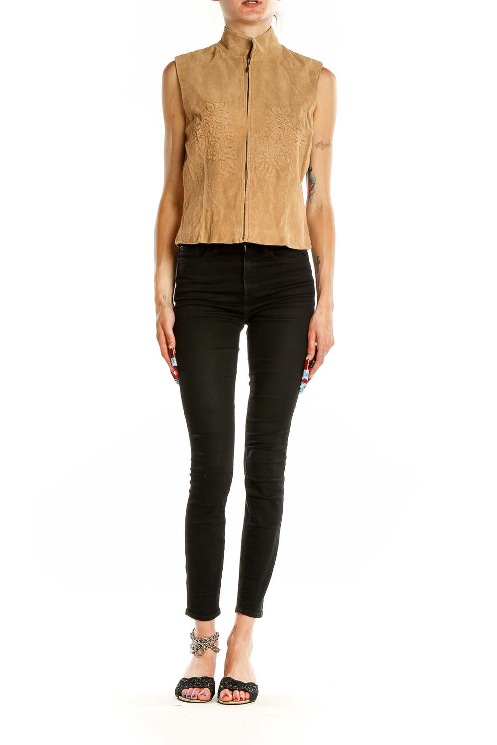 Front view of tan embroidered suede zip-up vest from Coldwater Creek