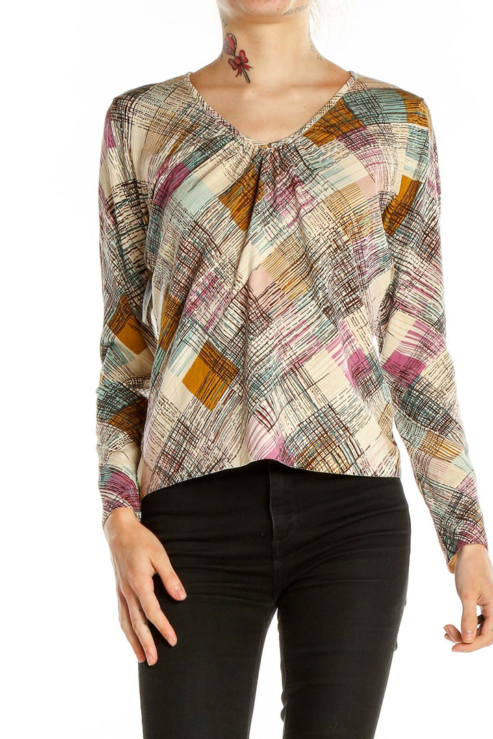 Front view of Talbots multicolor abstract print V-neck blouse