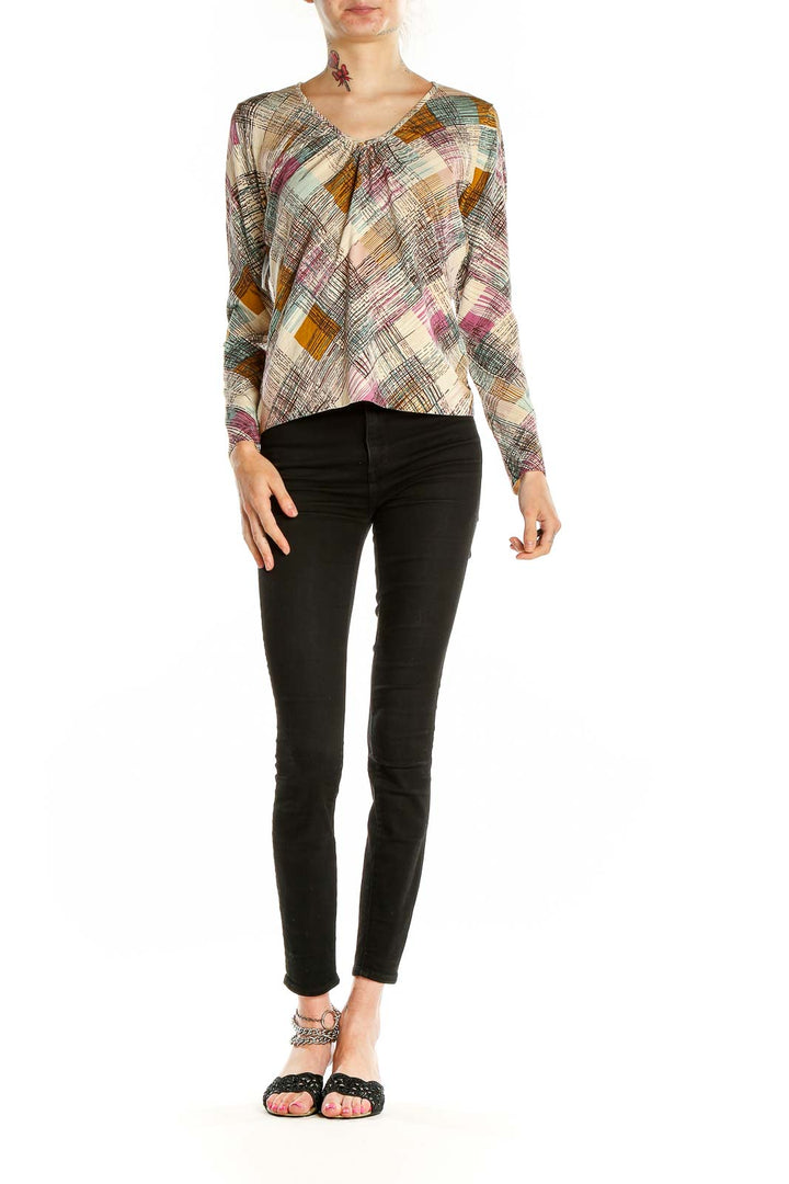 Front view of Talbots multicolor abstract print V-neck blouse