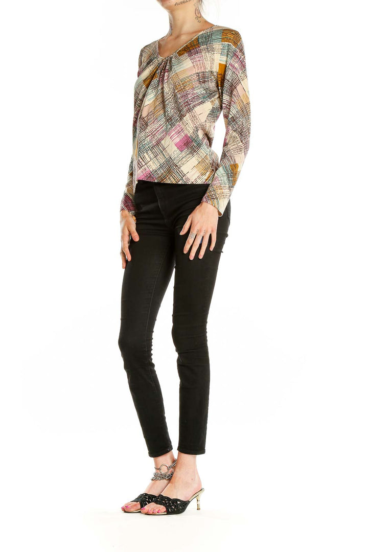 Front view of Talbots multicolor abstract print V-neck blouse