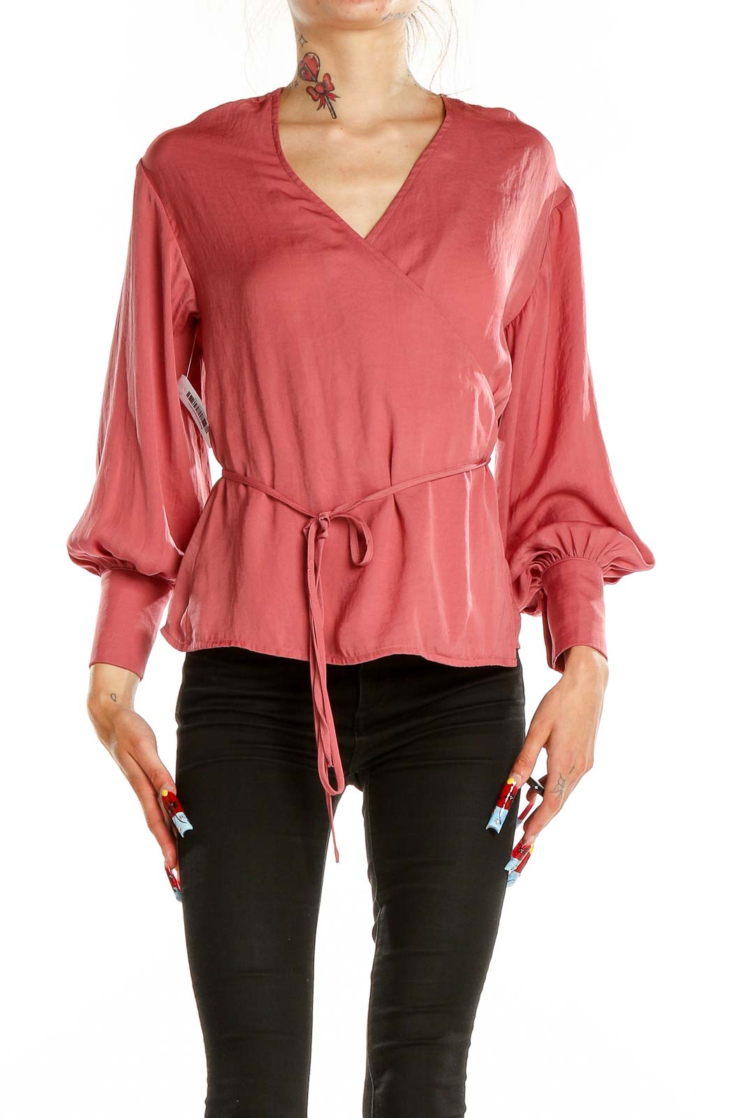 Front view of Aeryne pink wrap blouse with balloon sleeves