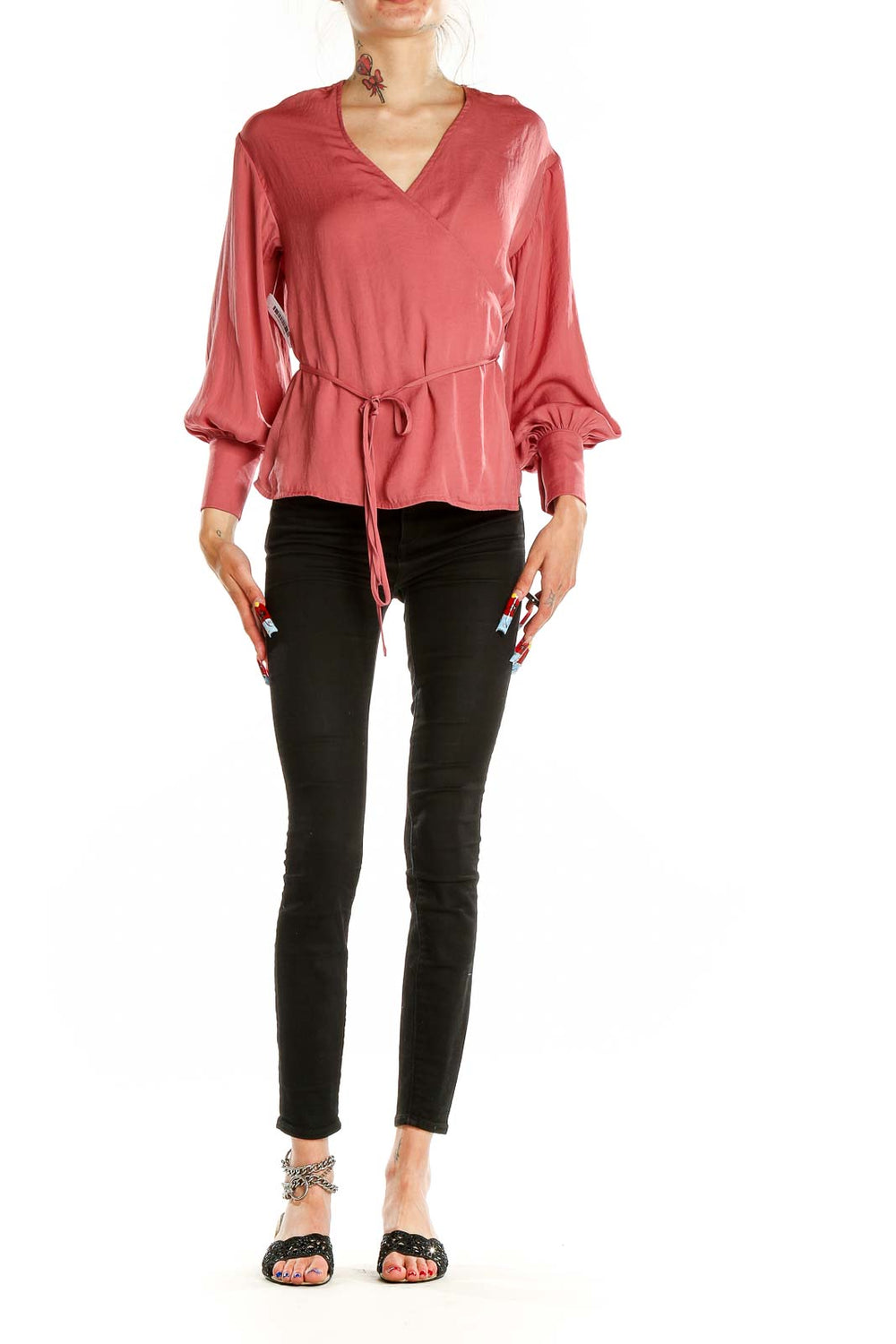 Front view of Aeryne pink wrap blouse with balloon sleeves