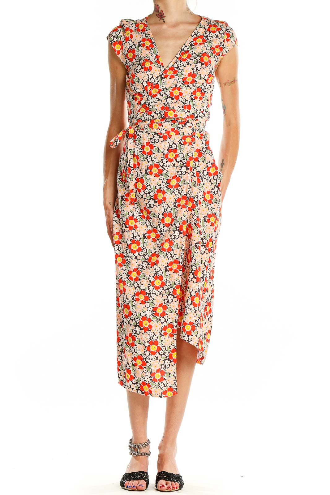 Front view of J.Crew Mercantile orange floral wrap midi dress on model