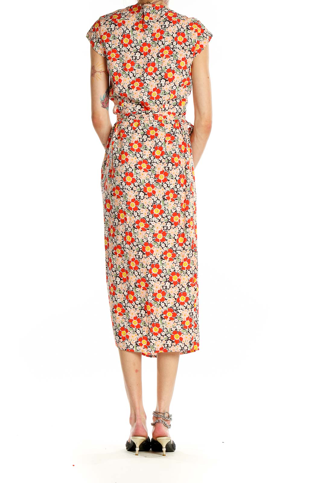 Back view of J.Crew Mercantile orange floral wrap midi dress on model