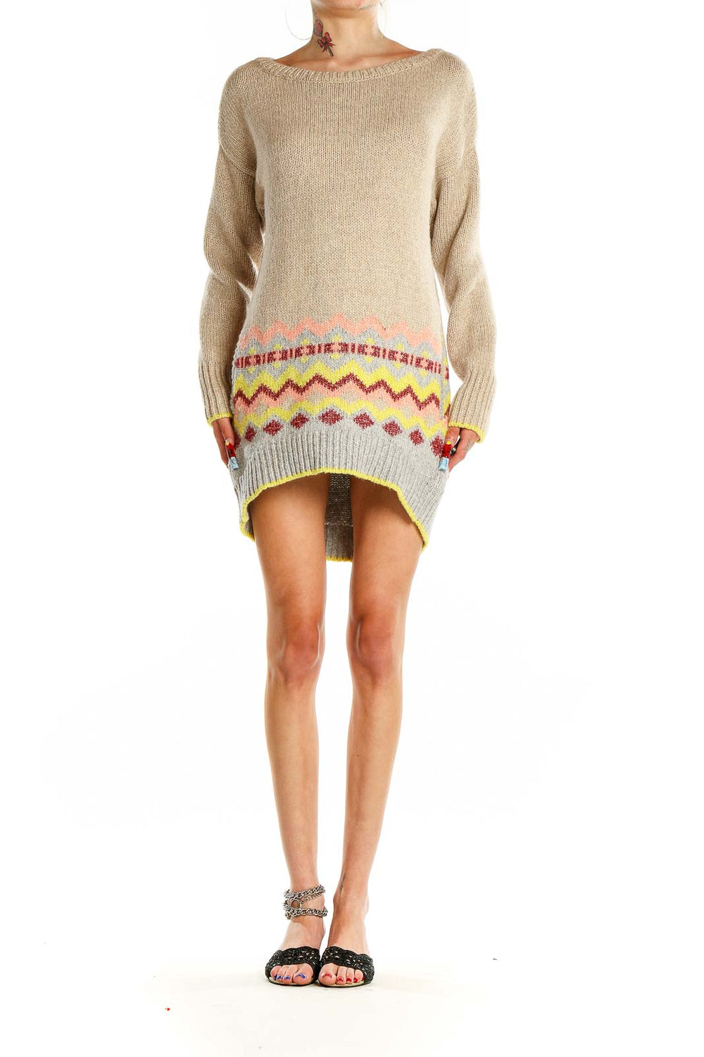 Front view of Victoria's Secret beige knit sweater dress with colorful pattern at hem