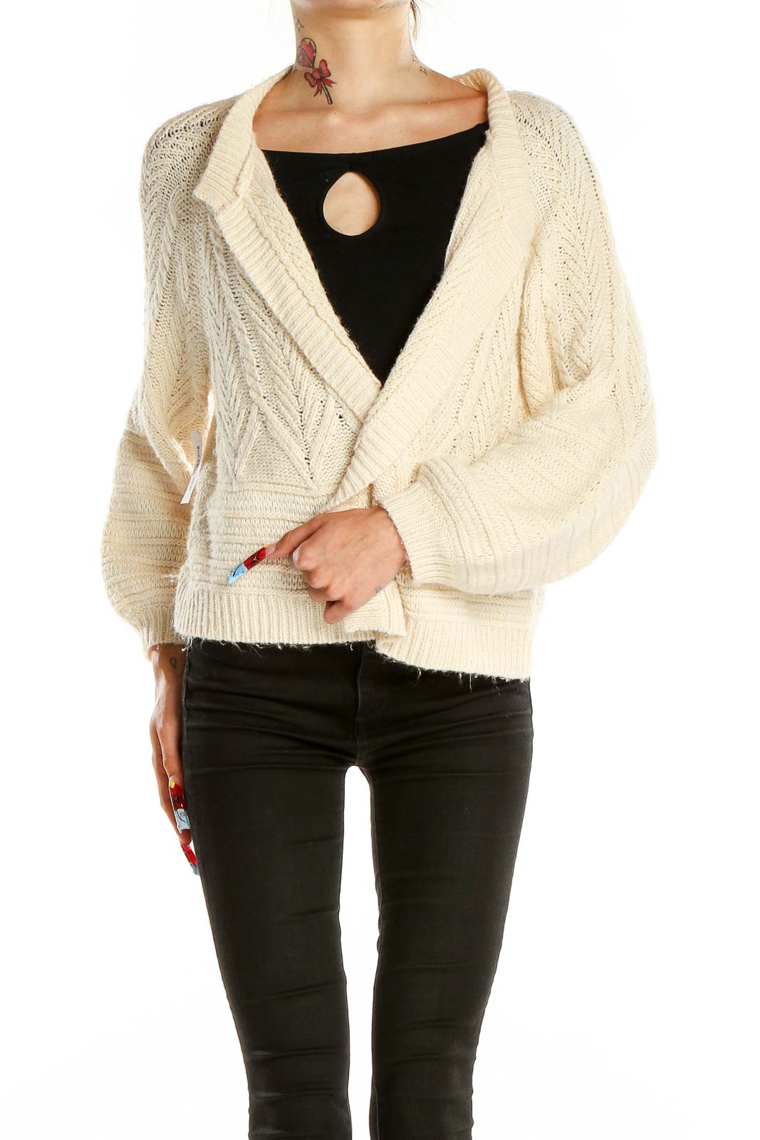 Front view of cream chunky knit open-front cardigan from Lucky Brand