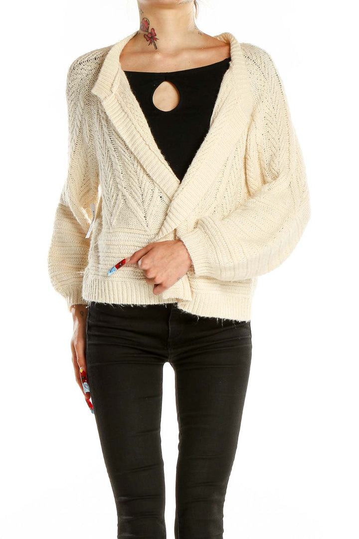 Front view of cream chunky knit open-front cardigan from Lucky Brand