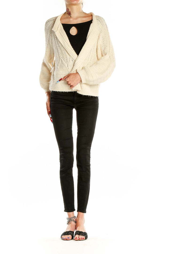 Front view of cream chunky knit open-front cardigan from Lucky Brand