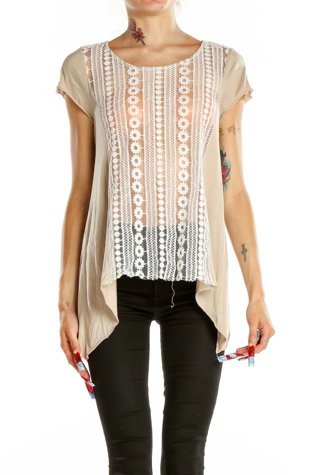 Front view of Hem & Thread beige top with white lace panel and asymmetric hem