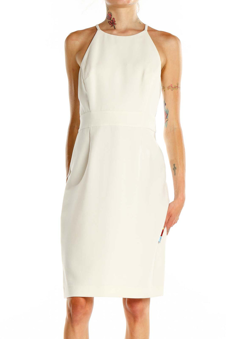 Front view of white halter neck sheath dress from Banana Republic