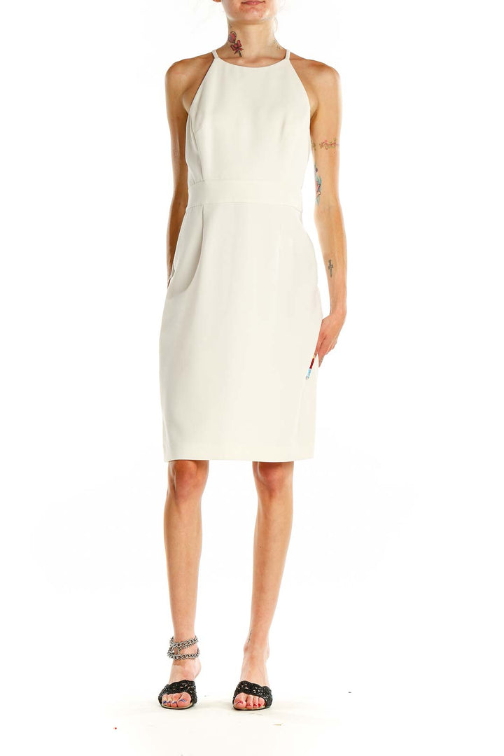 Front view of white halter neck sheath dress from Banana Republic