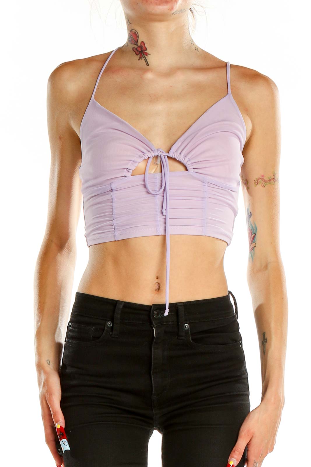 Front view of lavender ruched crop top with tie-front detail