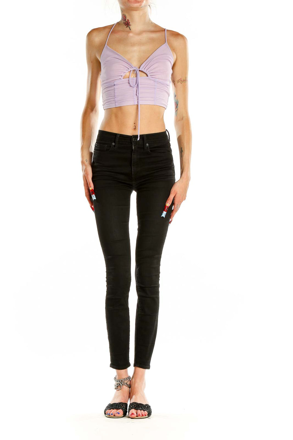 Front view of lavender ruched crop top with tie-front detail