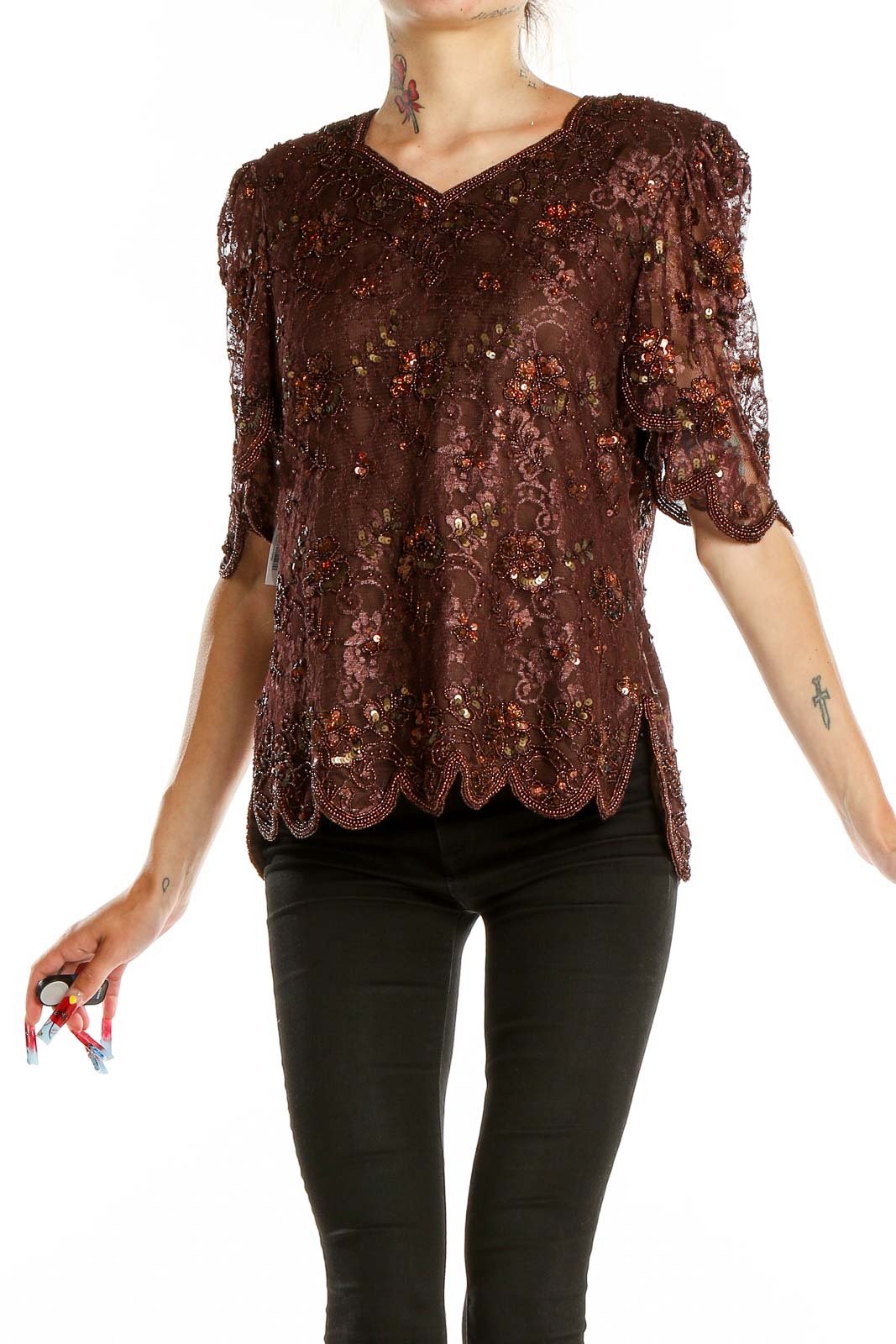 Front view of Kraftmen's brown sequined lace blouse with V-neckline