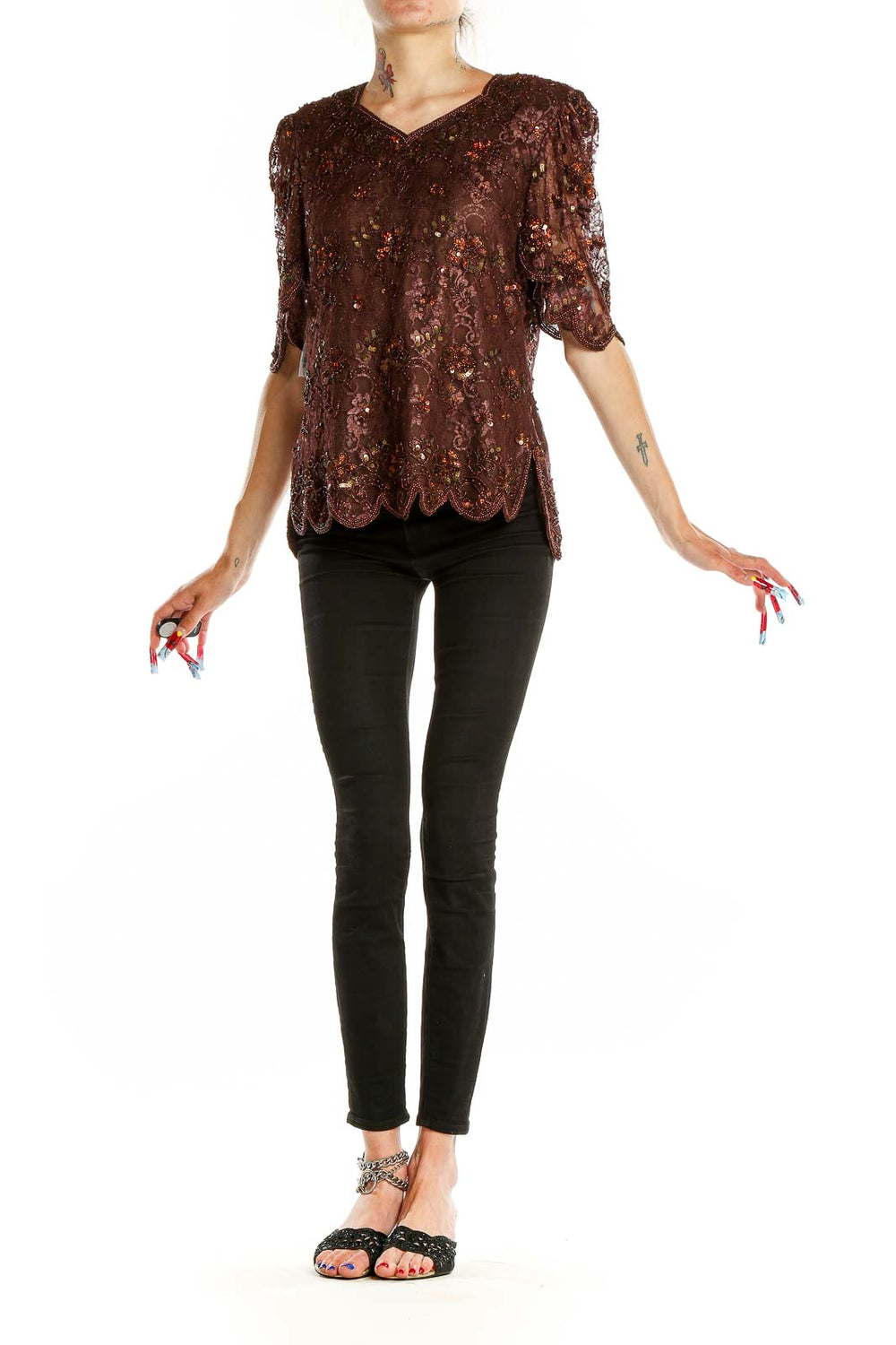 Front view of Kraftmen's brown sequined lace blouse with V-neckline