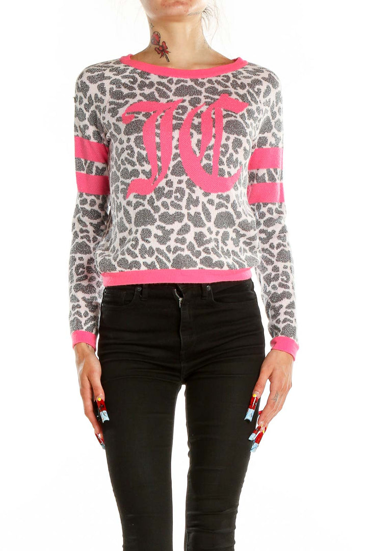 Pink Gray Animal Print Graphic Sweater