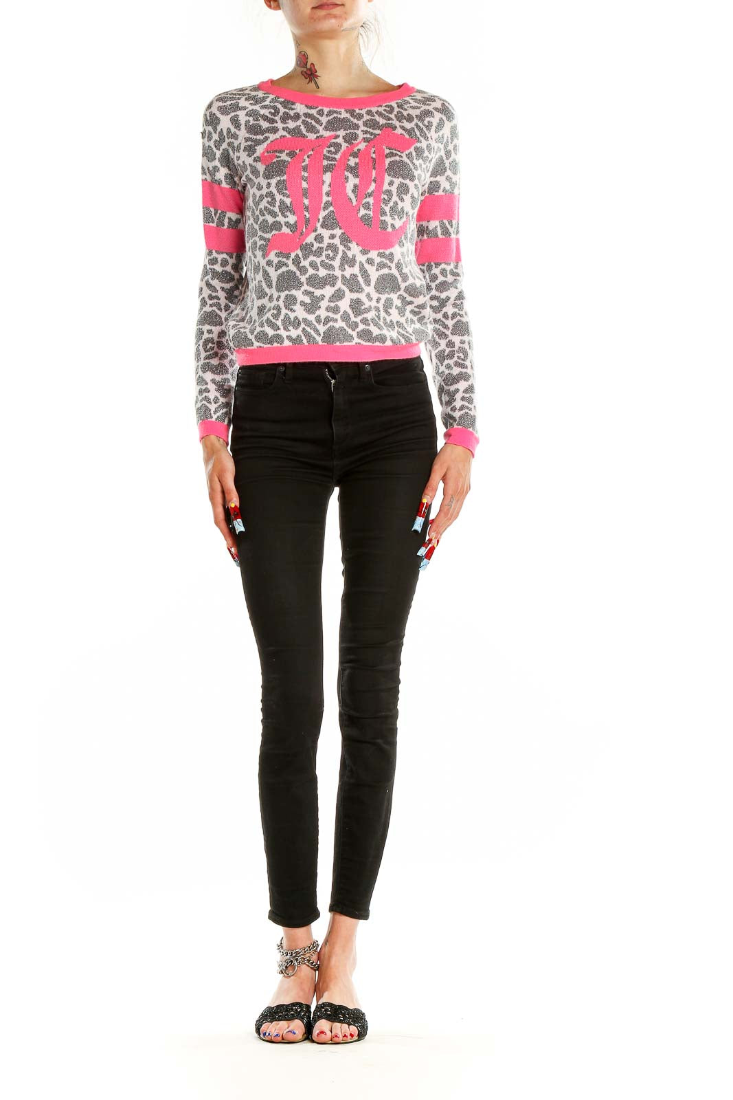 Pink Gray Animal Print Graphic Sweater