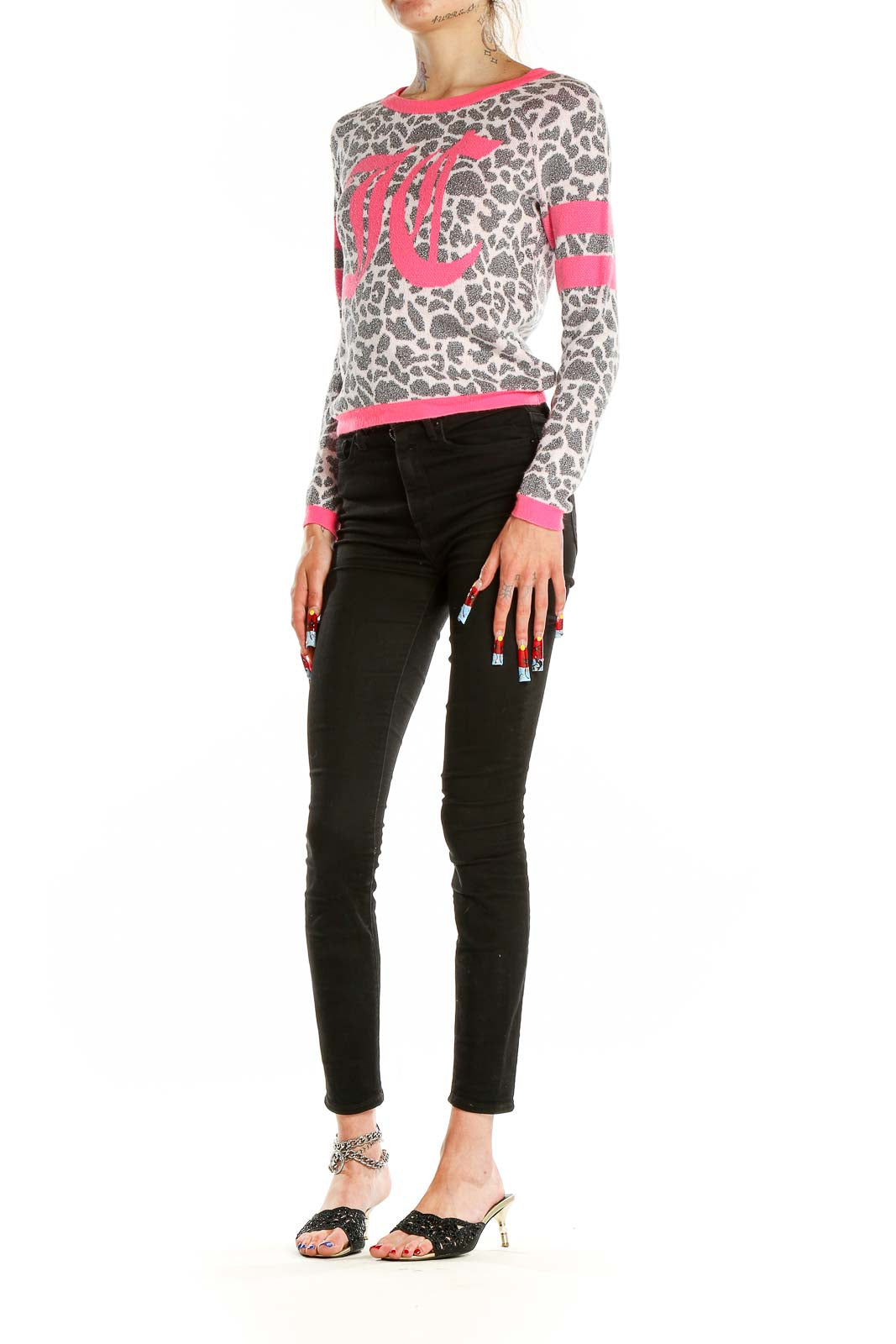 Pink Gray Animal Print Graphic Sweater