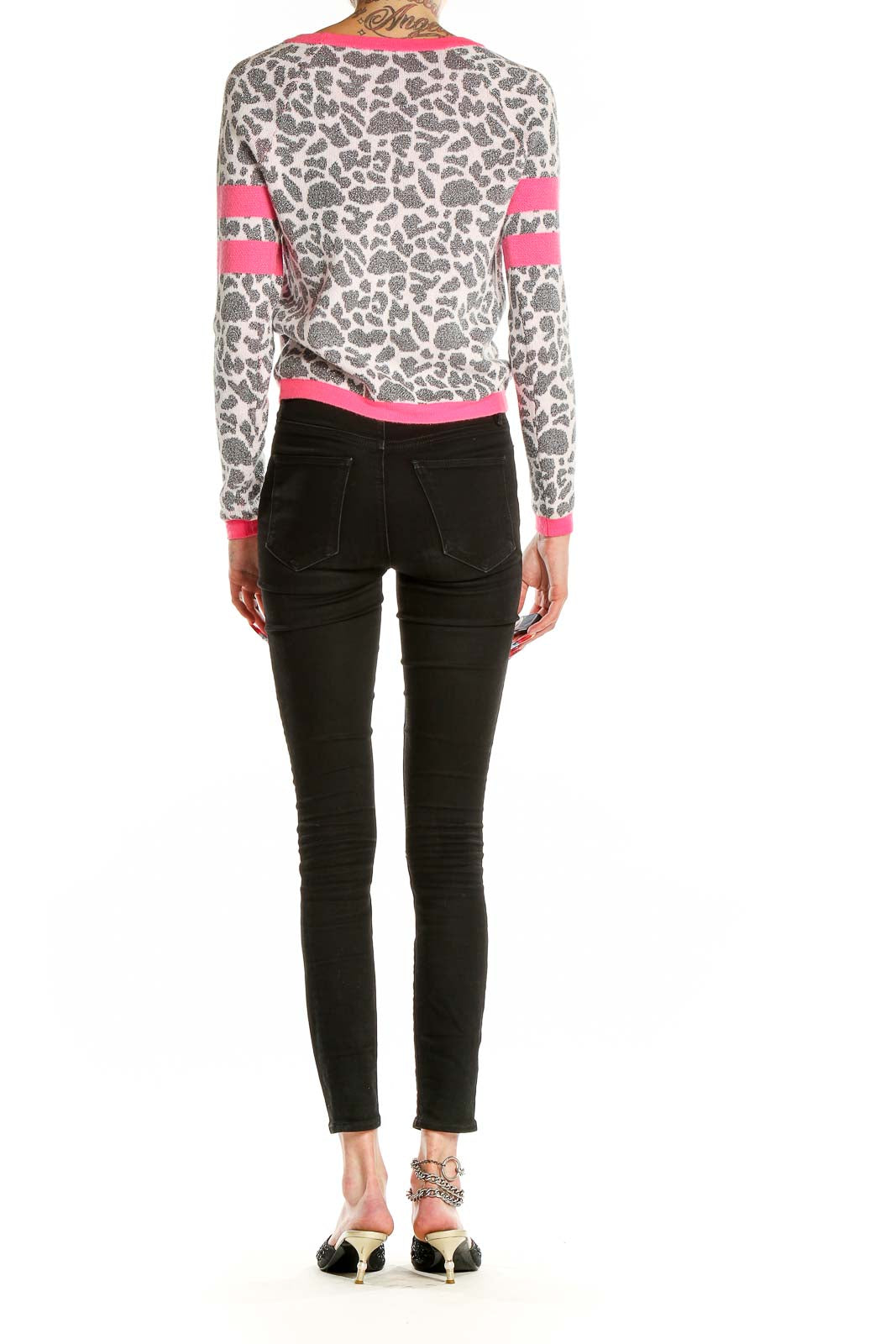 Pink Gray Animal Print Graphic Sweater