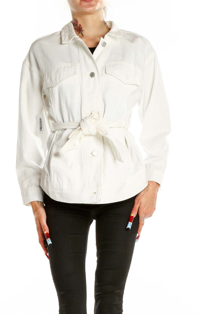 Front view of white Banana Republic utility jacket with belt