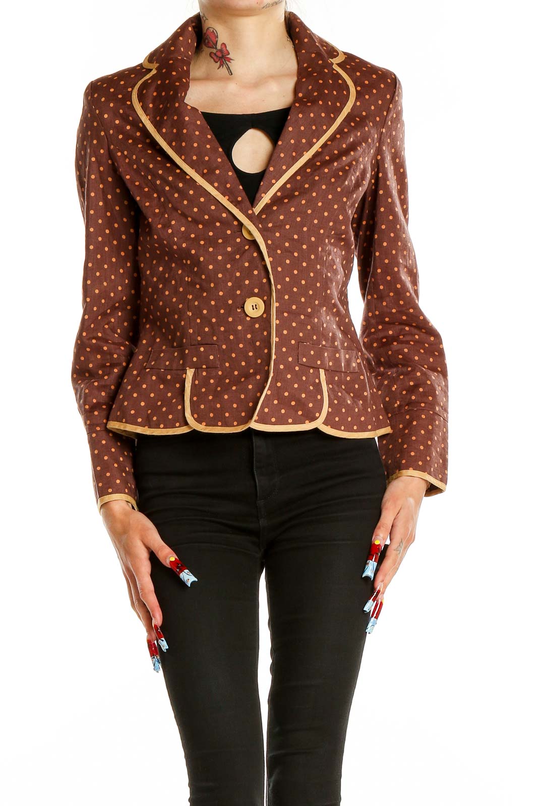 Front view of 2 Friends brown polka dot blazer with yellow piping