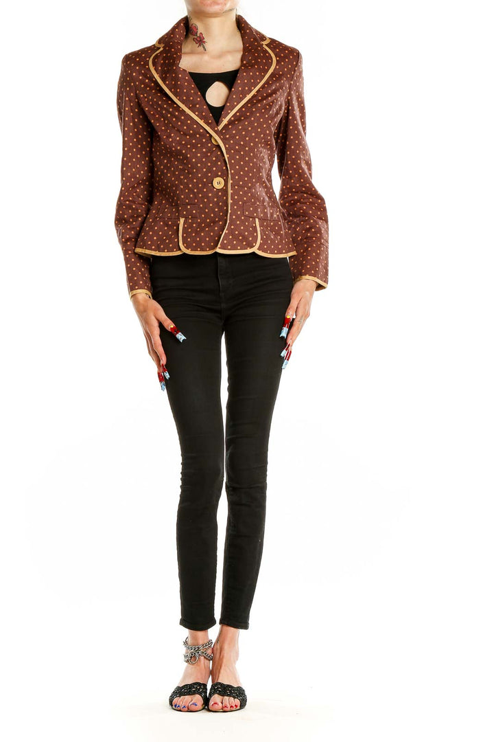 Front view of 2 Friends brown polka dot blazer with yellow piping