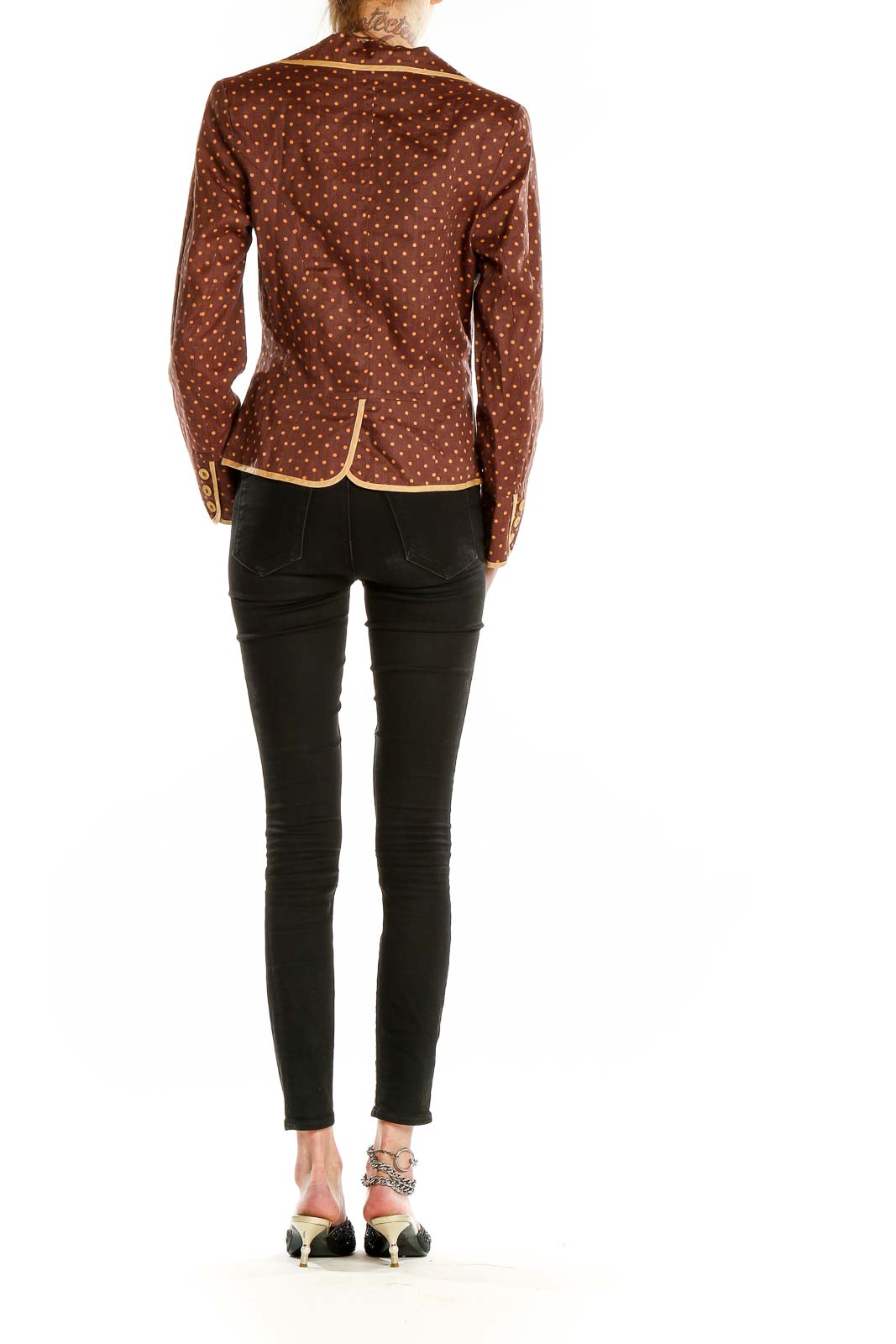 Back view of 2 Friends brown polka dot blazer showing tailored fit