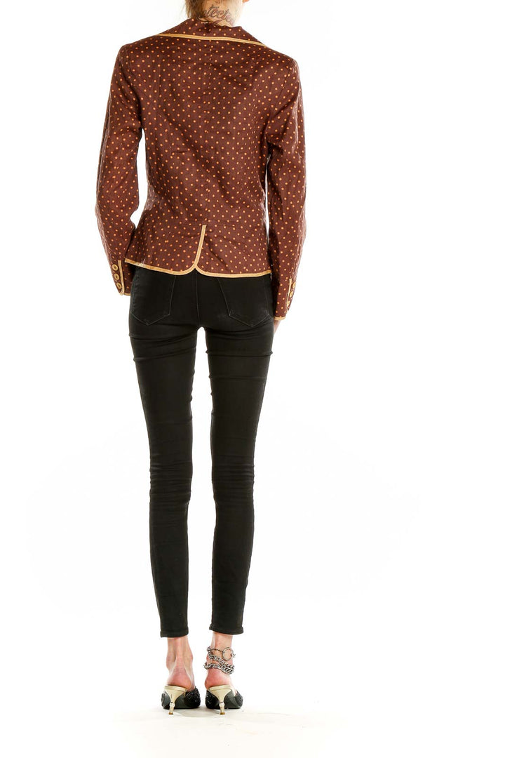 Back view of 2 Friends brown polka dot blazer showing tailored fit