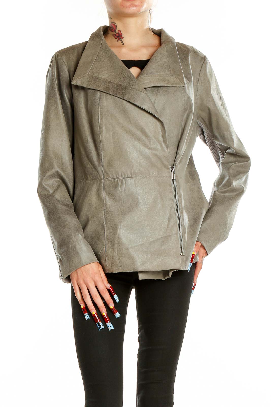 Front view of taupe asymmetrical zip jacket by Marc Bouwer Glamit