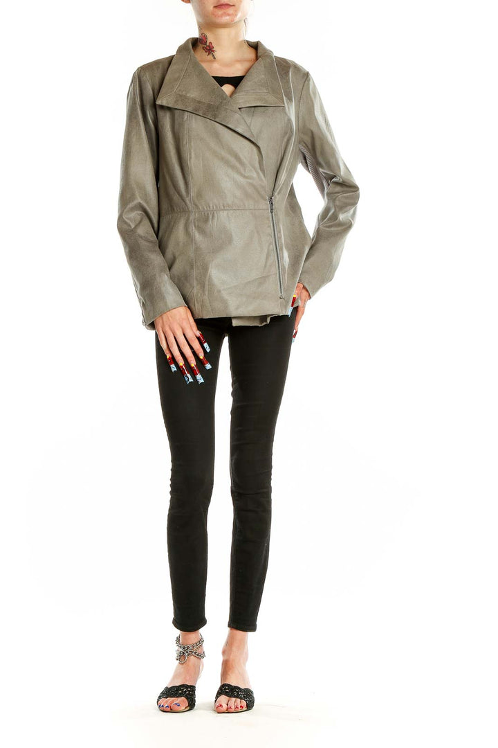 Front view of taupe asymmetrical zip jacket by Marc Bouwer Glamit