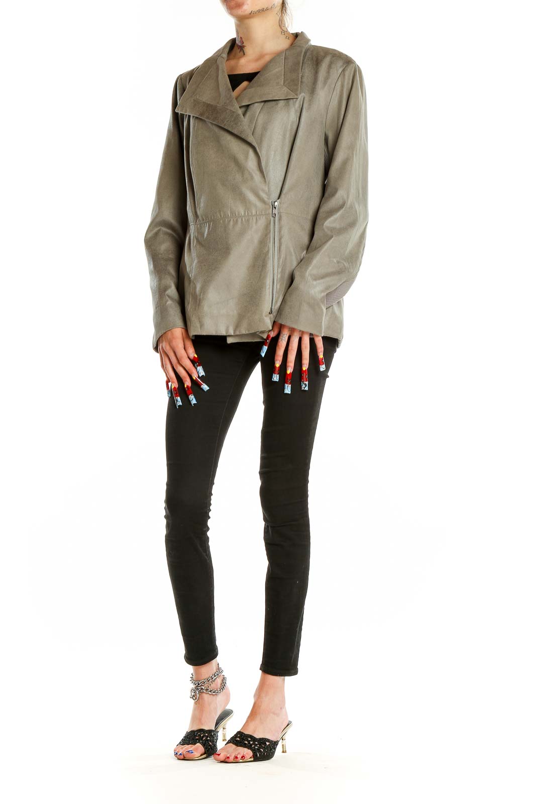 Front view of taupe asymmetrical zip jacket by Marc Bouwer Glamit